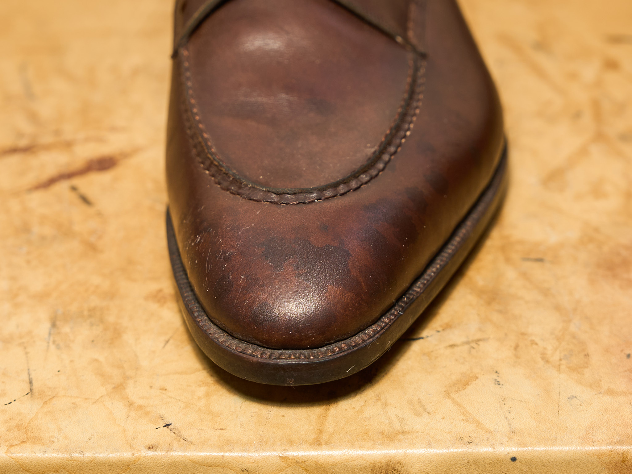 Water stains on a leather shoe