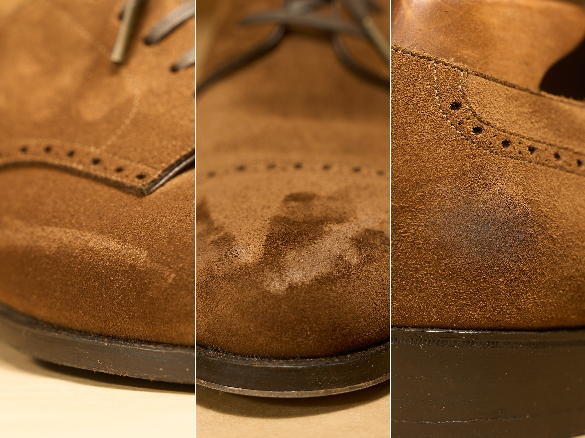 Left: scratch, Center: scuff mark, Right: darkening