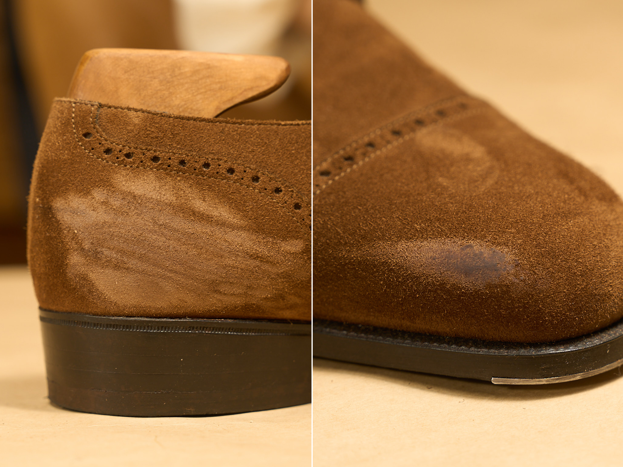 Worn brown suede shoes with scuffs and dirt